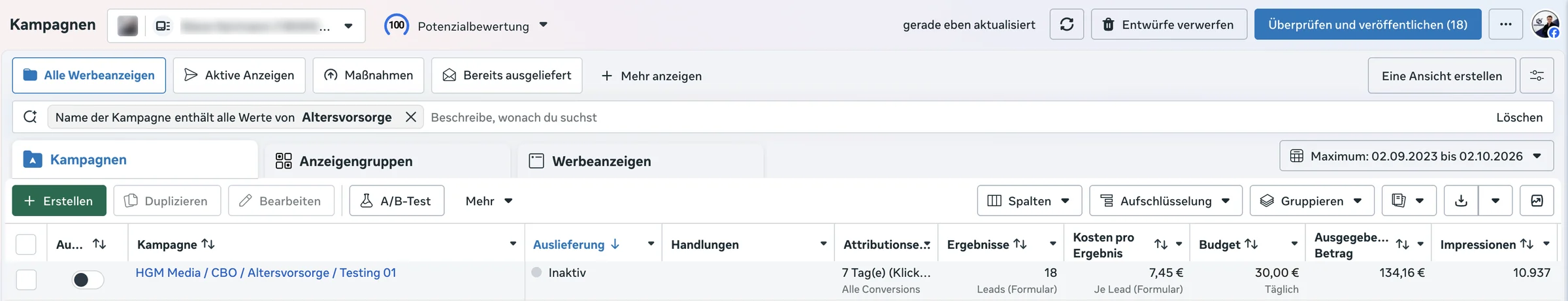 Screenshot aus dem Meta-Werbeanzeigenmanager: 18 Leads zu je 7,45 €. Kundenname geschwärzt.