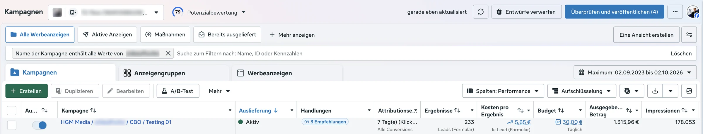 Screenshot aus dem Meta-Werbeanzeigenmanager: 233 Leads zu je 5,65 €. Kundenname geschwärzt.