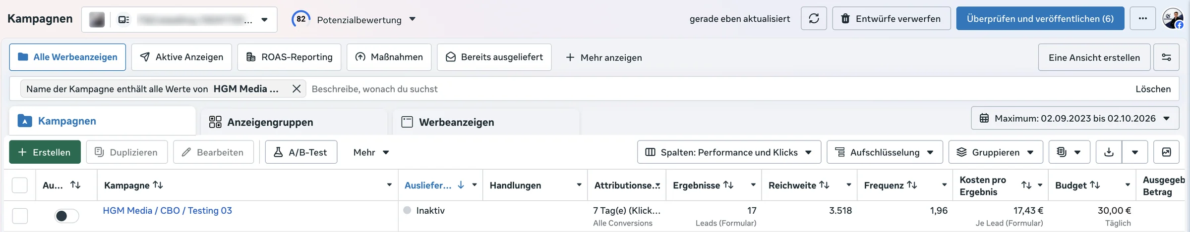Screenshot aus dem Meta-Werbeanzeigenmanager: 17 B2B-Leads zu je 17,43 €. Kundenname geschwärzt.