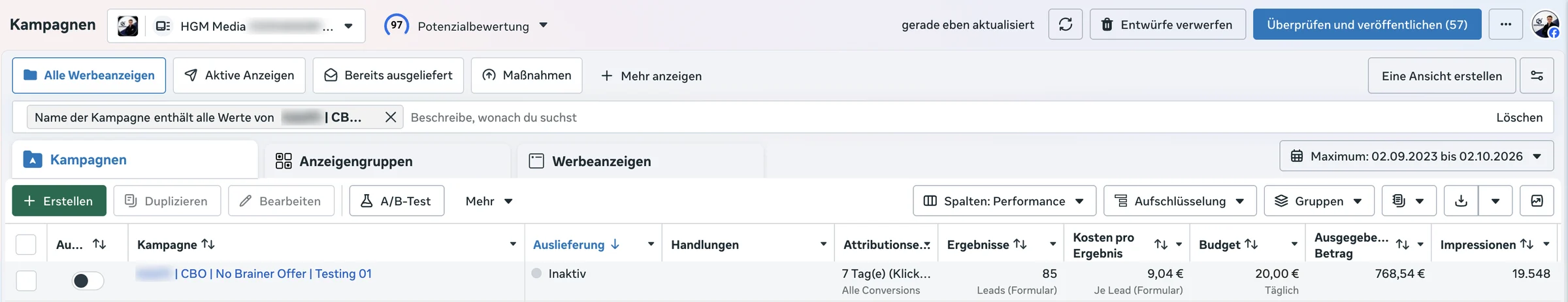 Screenshot aus dem Meta-Werbeanzeigenmanager: 85 Unternehmer-Leads zu je 9,04 €. Kundenname geschwärzt.
