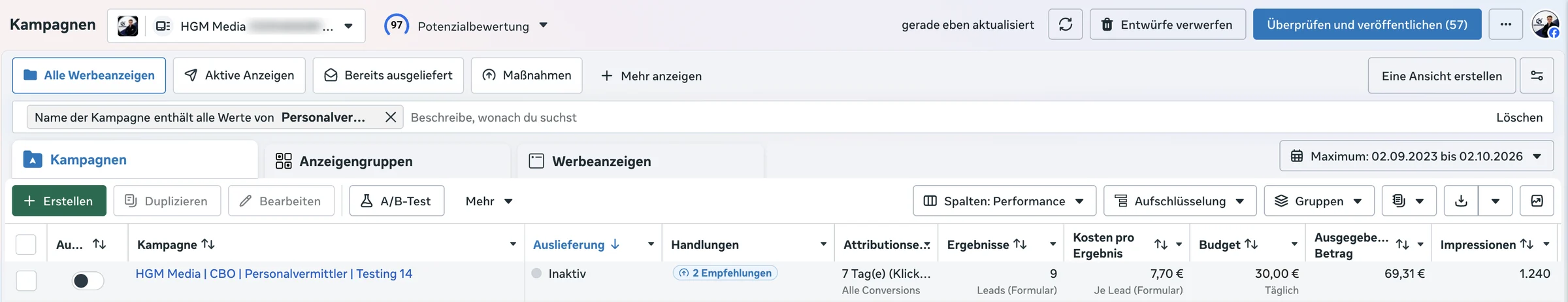 Screenshot aus dem Meta-Werbeanzeigenmanager: 9 Arbeitgeber-Anfragen zu je 7,70 €. Kundenname geschwärzt.