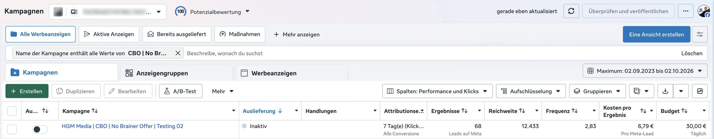 Screenshot aus dem Meta-Werbeanzeigenmanager: 68 Leads zu je 6,79 €. Kundenname geschwärzt.