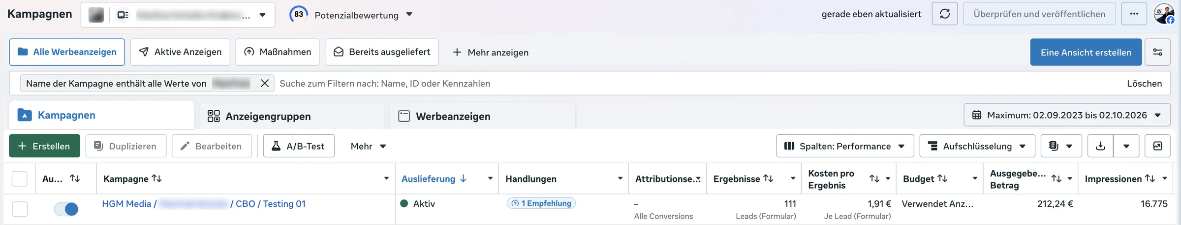 Screenshot aus dem Meta-Werbeanzeigenmanager: 111 Leads zu je 1,91 €. Kundenname geschwärzt.