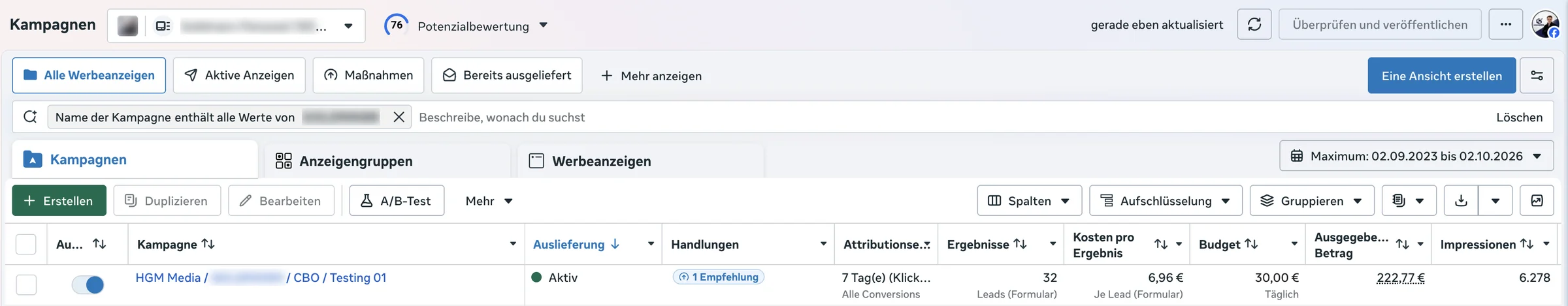 Screenshot aus dem Meta-Werbeanzeigenmanager: 32 Bewerber zu je 6,96 €. Kundenname geschwärzt.
