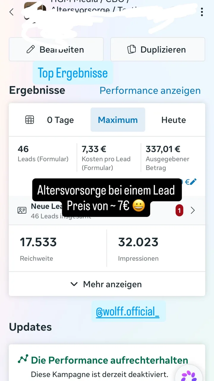 46 Leads zu je 7,33 € für Altersvorsorge
