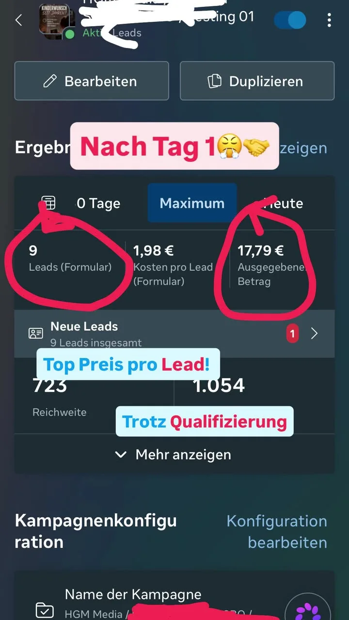 Nach Tag 1: 9 Leads zu je 1,98 €